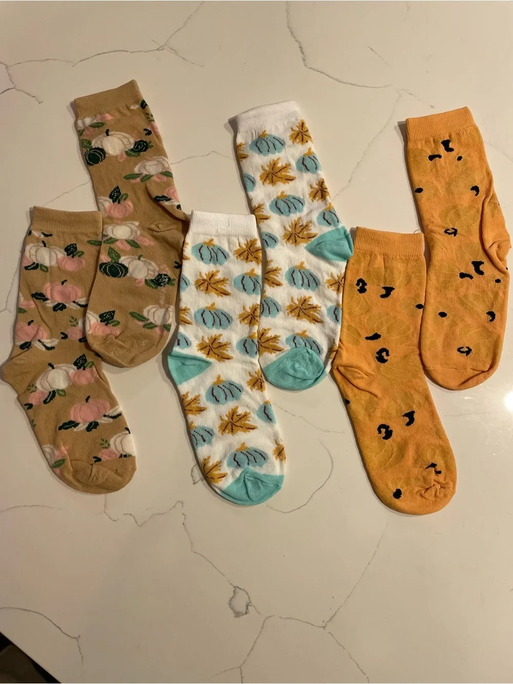 Floral & Pumpkin Pattern Crew Socks - Pack of 3, Yellow/Beige/White